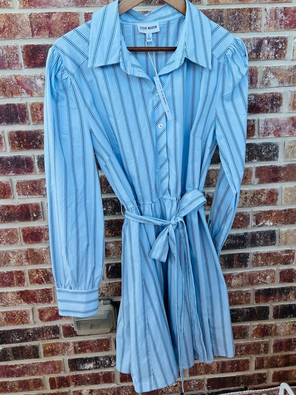 NWT Steve Madden Sky Blue Striped Godet Shirt Dress Size L 100% Cotton Belted